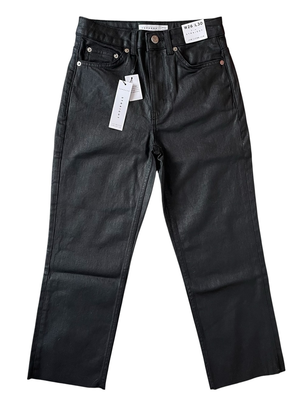 Topshop Black Straight-Leg Women's Jeans Black Coated Raw Hem NWT